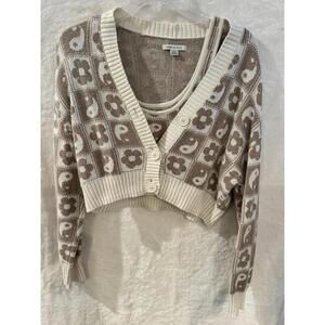 American Eagle Sweater Set Yin & Yang Beige And Cream Cropped Cardigan Size S